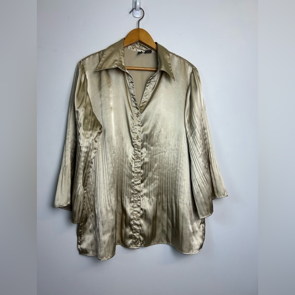 VTG Y2K Serenade Elegant Satin Blouse in Shimmering Gold Button Down Plus Sz  1X